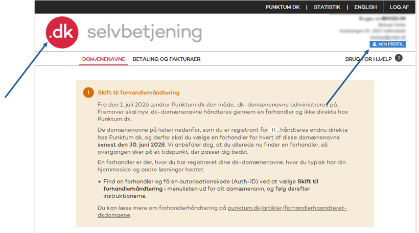 Efter du er logget ind i selvbetjeningen [https://selvbetjening, klikker du på .dk-logoet og herefter på ”MIN PROFIL”.