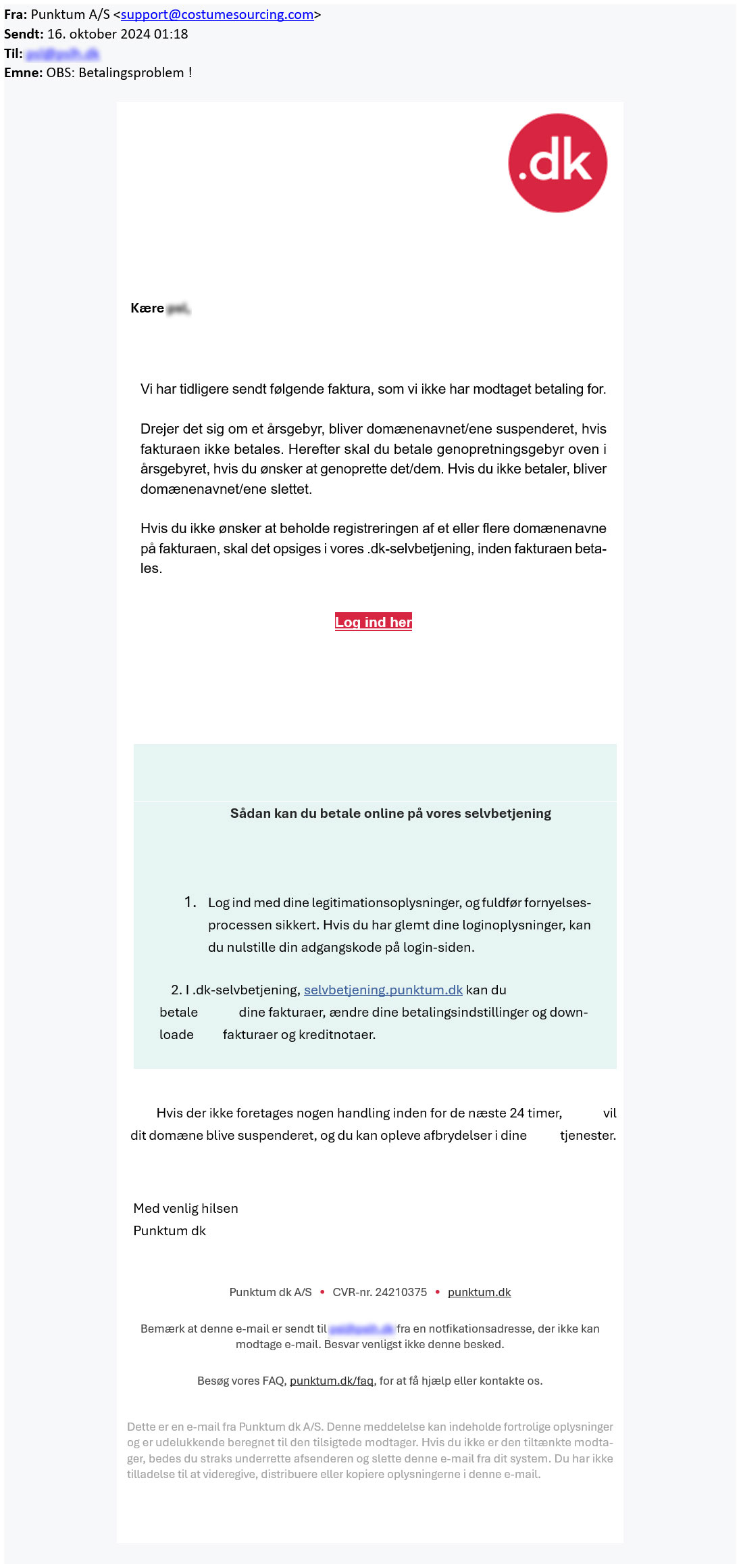 Example of a fake phishing email for domain suspension payment.